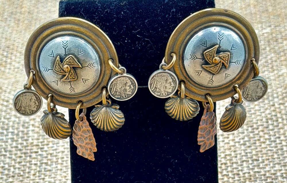 Marjorie Baer SF Brutalist Southwest Design Vintage Mixed Metal Clip Earrings
